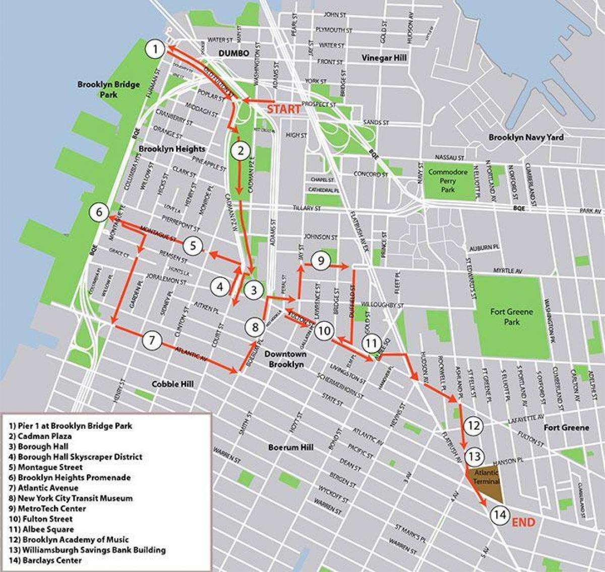 Mapa pieszych wycieczek po Brooklynie